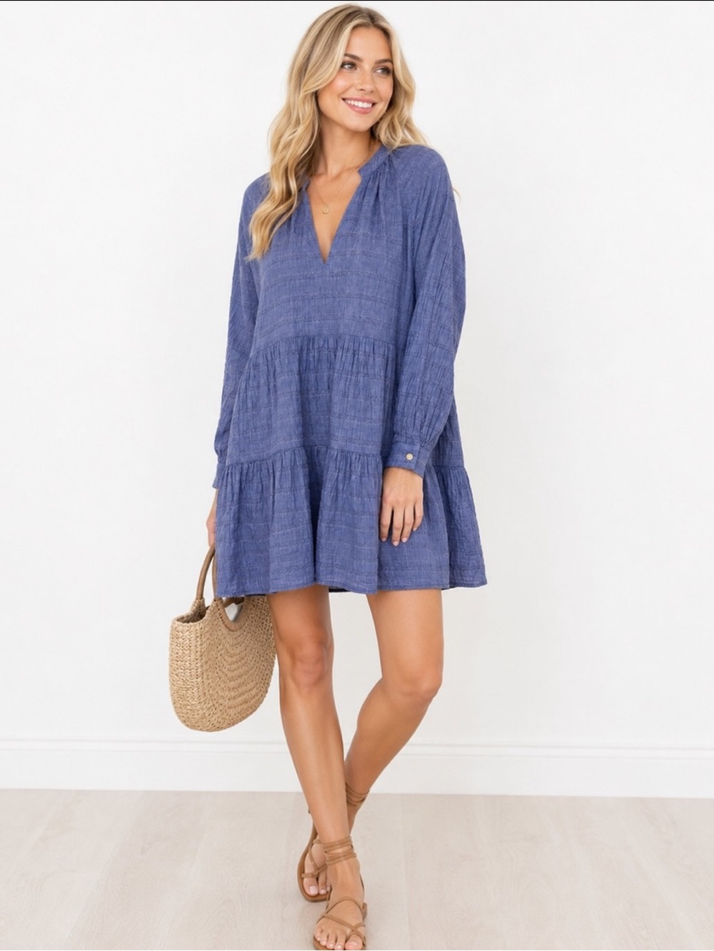 Felicite Blue Textured Gauze Tiered Boho Mini Dress Size 1 XS